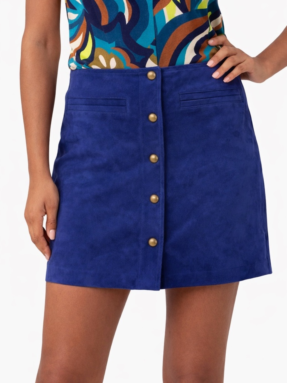 Trina Turk East Village Suede Mini Skirt | Blue | Size 8 | 100% Goat leather